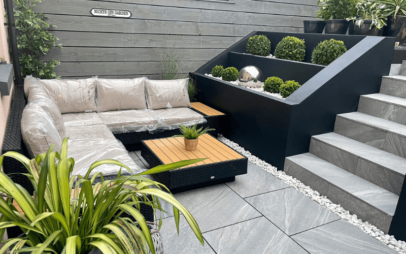 Contemporary garden design with clean lines and modern outdoor seating area