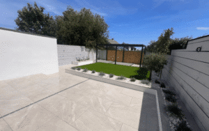 completed Devon garden with a rendered garden wall
